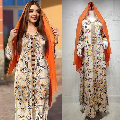 #ad Women#x27;s V Neck Long Maxi Dress Abaya Turkish Muslim Party Kaftan Kaftan Robes C $18.04