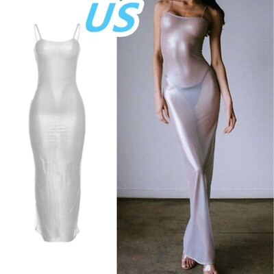 #ad US Womens See Through Bodycon Maxi Dress Sexy Spaghetti Straps Dress Nightwear $4.74