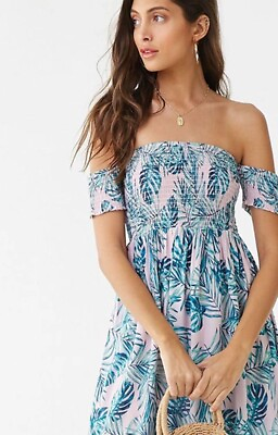 #ad FOREVER 21 Maxi Dress Bodice Smocked Floral Size Small Floral Off Shoulder NEW $19.99