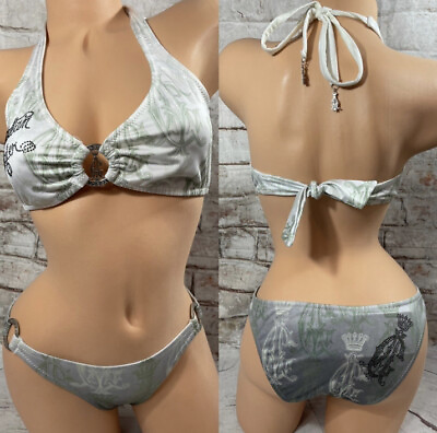 #ad Christian Audigier SWIM Bikini TOP BOTTOM Sequins LOGO Halter Triangle String M $110.00
