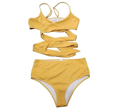 #ad Women#x27;s Yellow Mustard 2 Piece Swimsuit Plus Size 1X Ties Around Mid Section $13.92