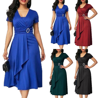 #ad Uk Womens Midi Dresses Evening Party Cocktail Prom Ruffle Wraps Formal Plus Size $22.99