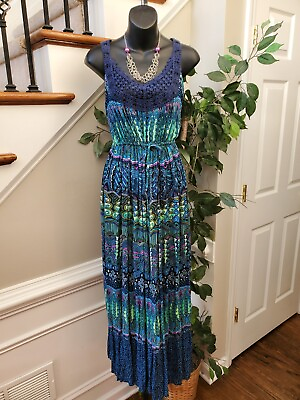 #ad Bila Multicolor Cinch Waist Sleeveless Crotchet Detail Long Maxi Dress Large $28.00