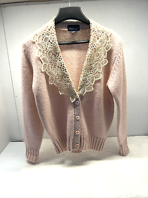 #ad #ad Nordstrom VTG Light Pink Cardigan 100% Wool Sweater Lace Collar Size M Granny $27.00