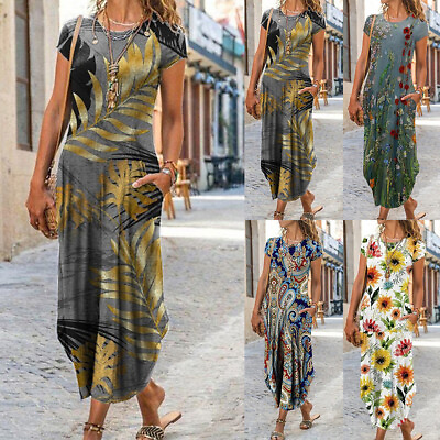 #ad Women Summer Floral Boho Beach Midi Dress Ladies Holiday Long Sundress Plus Size $27.39
