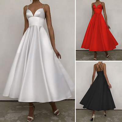 #ad Womens Long Slip Maxi Satin Dress Ladies Cocktail Party Evening Strappy Sundress $20.29