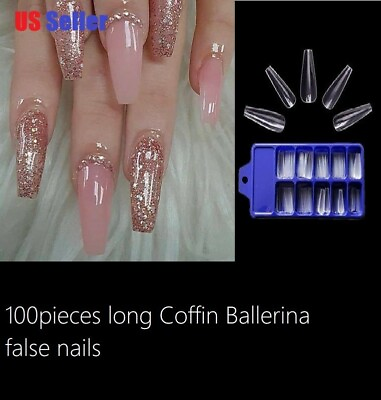 #ad #ad 100PCS DIY Long Coffin Nails Tips Acrylic Ballerina Fake Nail Kits $7.99