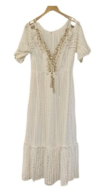 #ad Boho Bohemian White Lace Crochet Tassel Tier Gold Metallic Peasant Maxi Dress XL $30.95