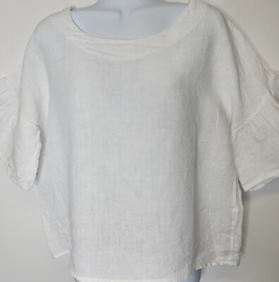 #ad Viola Borghi Italy 100% Linen Blouse Top Shirt Small Crop White 1 2 Sleeve Boxy $19.00