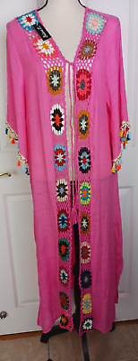 #ad Pink Cover Up W Multicolor Tassels Accents HandCrochet Beach One Size #B 3 $32.98