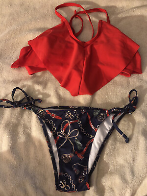 #ad Bikini Swimsuit Red Ruffle Top And Blue Jewelry Bottoms Small New $22.00