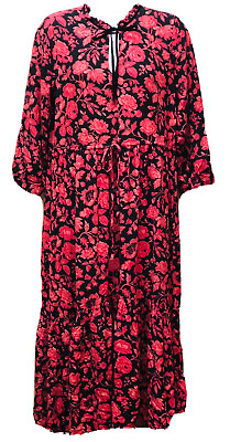 #ad LUCKY BRAND Pink Navy Floral Maxi Dress 3 4 Sleeve Tie Waist Boho Flowy Size S $13.93