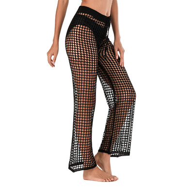 Women Hollow Out Elastic Waist Trouser Beach Crochet Net Swimsuit Cover Up Pant $19.79