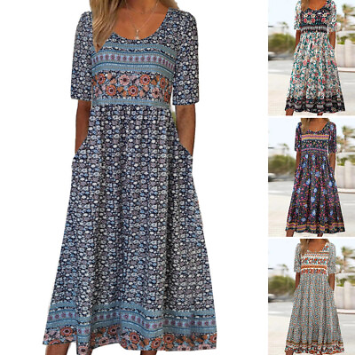 Sundress Maxi Dress BOHO Dress Short Sleeve Printed Dress Casual Beach A Line $21.21