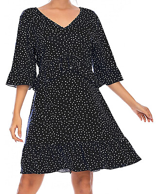 MXINSJ Women#x27;s V Neck Ruffle Dress Cute Polka Dot Boho Dresses Loose Swing XL $12.91