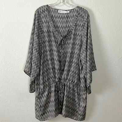 #ad T Bags Viscose Printed Tunic 2X Plus Size Taupe Navy Kimono Sleeves V Neck Tie $15.00