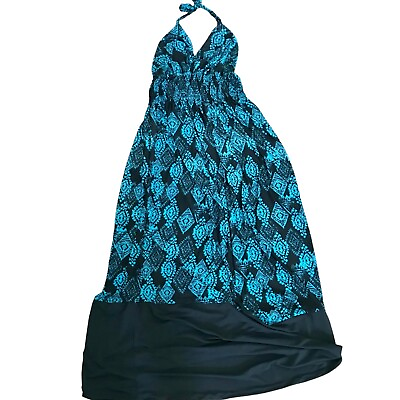 #ad #ad Women#x27;s Blue Black Print Halter Lightweight Stretchy Maxi Beach Vacation Dress. $12.99