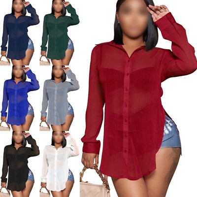 #ad Women Beach Cover Up Lapel Neck Swimsuit Coverup Ladies Summer Mesh Long Sleeve $21.99