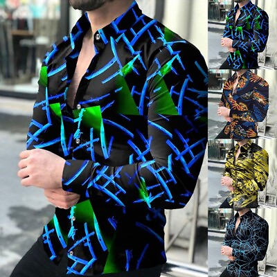 #ad Fashionable Baroque Pattern Men#x27;s Long Sleeve Button Down Party Dress Shirts $29.66