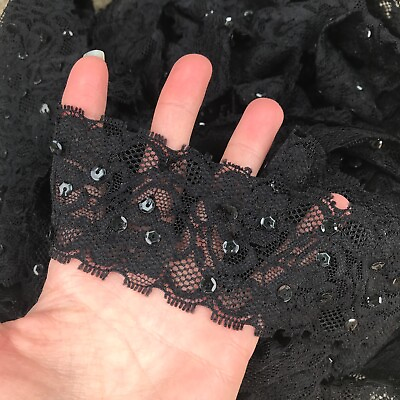 #ad 3 Yards Lace Trim Black Floral Sequin Stretchy 2quot; Wide Sewing Flower DIY Dress $11.20