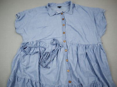 #ad Torrid Dress Women 5 Blue Chambray Button Up Maxi Short Sleeve Belt Pockets $24.49