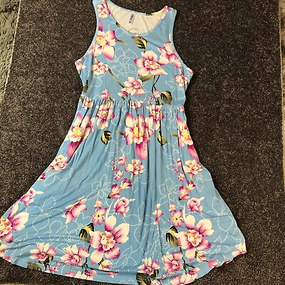 #ad Blue Boho Floral Sundress Size Medium Sleeveless Flowy Comfort Stretch $19.25