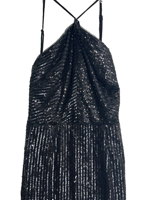 #ad Adrianna Papell Black Sequin Halter Midi Sheath Dress Womens 2 Cocktail Black $54.88
