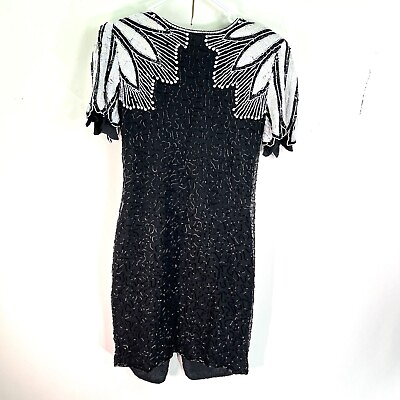 #ad VTG Stenay 100% Silk Size 10 Black amp; White Beaded Sequin Party Cocktail Dress $49.95