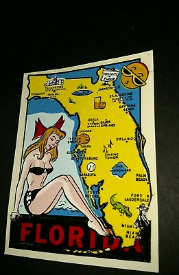 #ad Vintage Flex Cote car windshield luggage decal label Florida girl in bikini map $9.99
