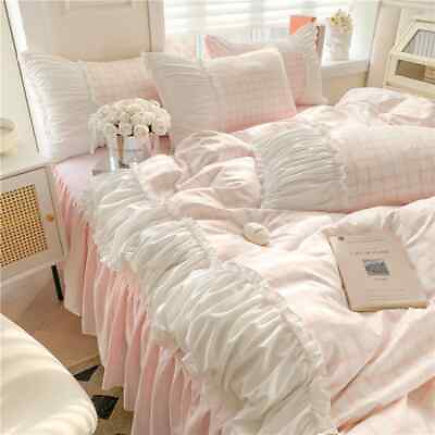 #ad Bedding Set Lattice Duvet Cover Ruffles Lace Bedspread Bed Sheet Pillowcases $105.82