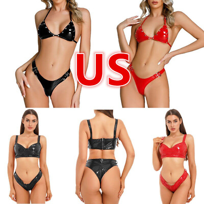 #ad US Women#x27;s Bikini Swimsuit Shiny Metalic Patent Leather Lingerie Set Swimwear $16.64