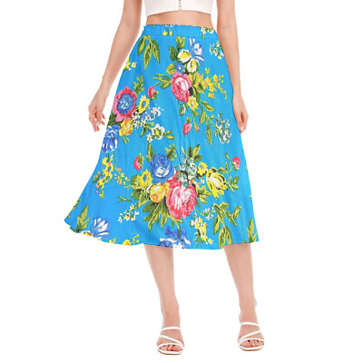 #ad Cotton Midi Skirt Women Knee Length Blue Floral Soft Pleated Skirt Casual Dress $27.99