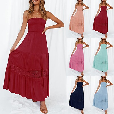 Womens Summer Plain Maxi Dress Bohemian Strapless Lace Trim Beach Long Dresses $28.98