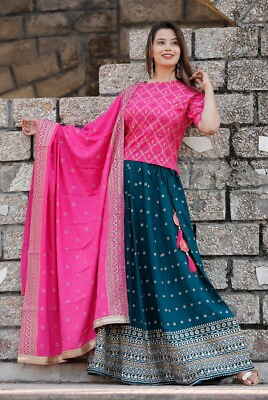 Women Kurta Palazzo Set Designer Skirt Kurti Dupatta Pakistani Salwar Kameez Set $40.43