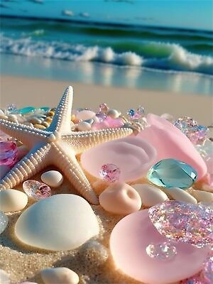 #ad 5D Beach DIY Diamond Art Full Round Diamond Drill Sea Stone Painting $14.15