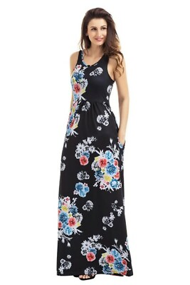 #ad Sleeveless Long Boho Dress Ladies quot;S 4 6 quot; Ladies Black Floral Print $13.95