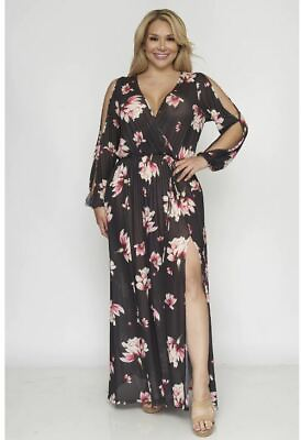 #ad Womens Plus Size Black Floral Maxi Dress 1XL Slit Sleeve Stretch Travel $29.95