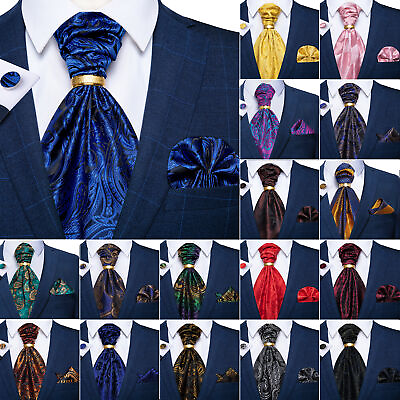 Mens Ascot Silk Cravat Blue Paisley Tie Handkerchief Cufflinks Set Formal Party $8.99