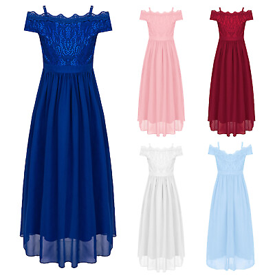 #ad Kids Girls Elegant Lace Chiffon Party Dress off Shoulder High Waist Maxi Dress $11.12