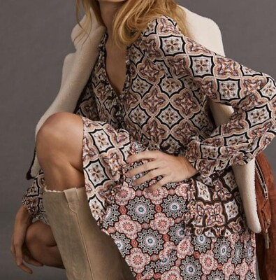 #ad Anthropologie Brown Boho Printed Long Sleeve Ruffled Tiered Dress Small $39.00
