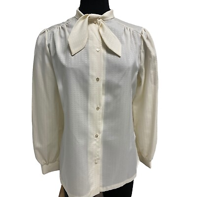 #ad Vintage Sears women#x27;s Ivory Long Sleeve Blouse Top Tie on Neck size 14 $12.99