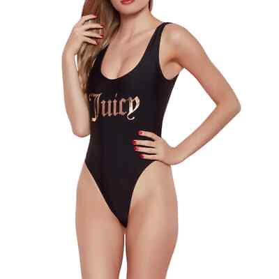 #ad NEW Juicy Couture High Cut Bikini One Piece Logo Swimsuit Black Combo Womens XS $39.00