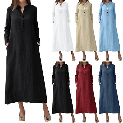 Women Casual Dresses Fashion Solid Color Round Button Up Long Long Cotton Dress $24.84