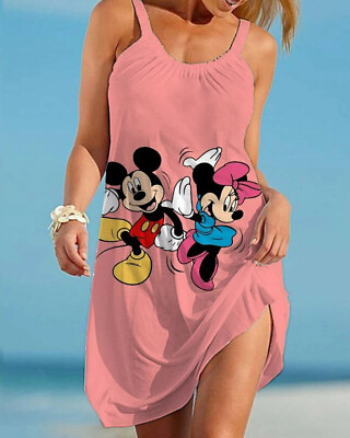 #ad #ad Mickey Minnie Mouse Women Dresses Sleeveless Summer Beach Loose Midi Sun Dresses $13.55