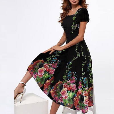 #ad Summer Women Cocktail Beach Swing Dresses Ladies Party Holiday Floral Midi Dress $25.99