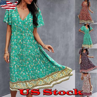 #ad Women Holiday Bohemian V Neck Long Dress Ladies Summer Floral Beach Sundress US $17.09
