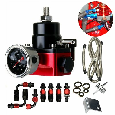 #ad Black Red Adjustable Fuel Pressure Regulator Kit Oil 0 100psi Gauge 6AN 6AN $36.66