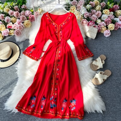 #ad Lady Ethnic Embroidered Long Dress Maxi Floral Printed Boho V Neck Travel Retro $41.28