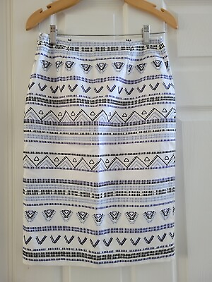 #ad White House Black Market White Pencil Skirt Blue Embroidered print size 0 New $15.00