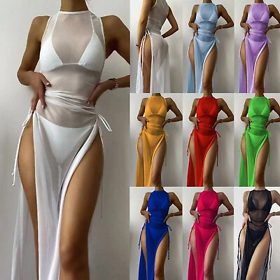 #ad Women#x27;s 3 Piece Swimsuits Mesh Cover Up Triangle Halter Bikini Bathing Suits Set $22.84